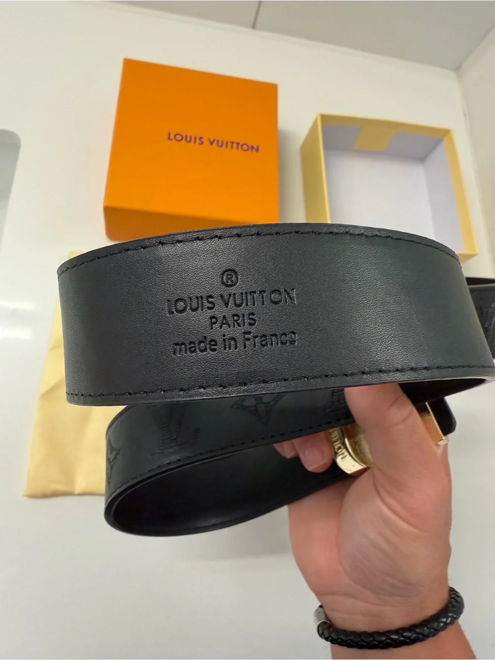 Louis Vuitton Black Monogram LV Initiales Belt Gold Buckle